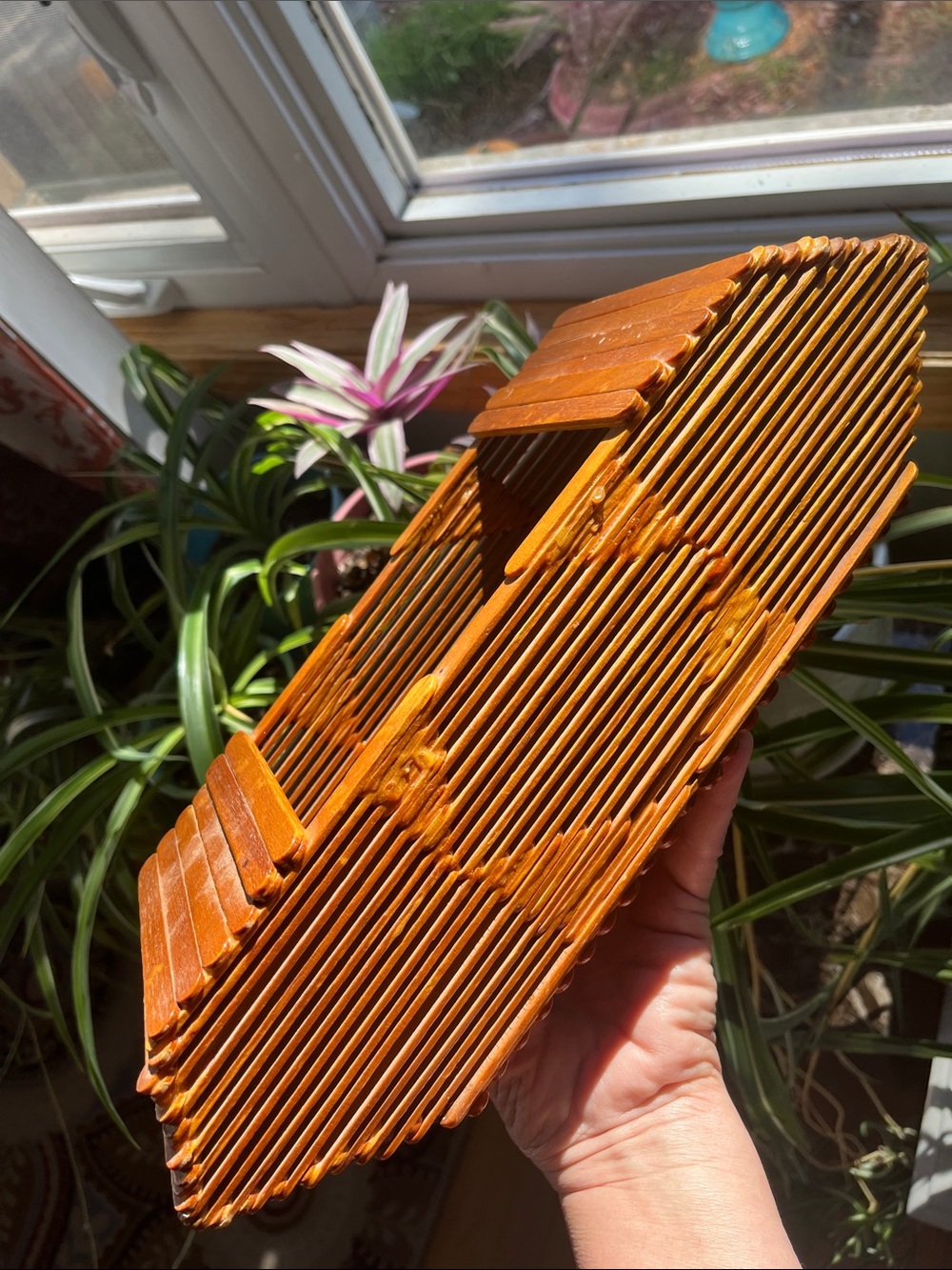 Vtg Tramp Folk Art Basket Popsicle Stick Trinket Box Basket Cabincore